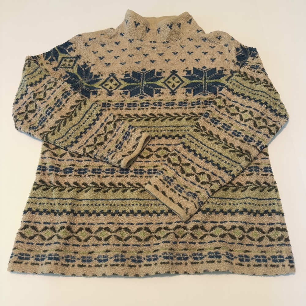 LL Bean Fleece Pullover Beige Blue Fair Isle Vintage Style Medium Nordic Top